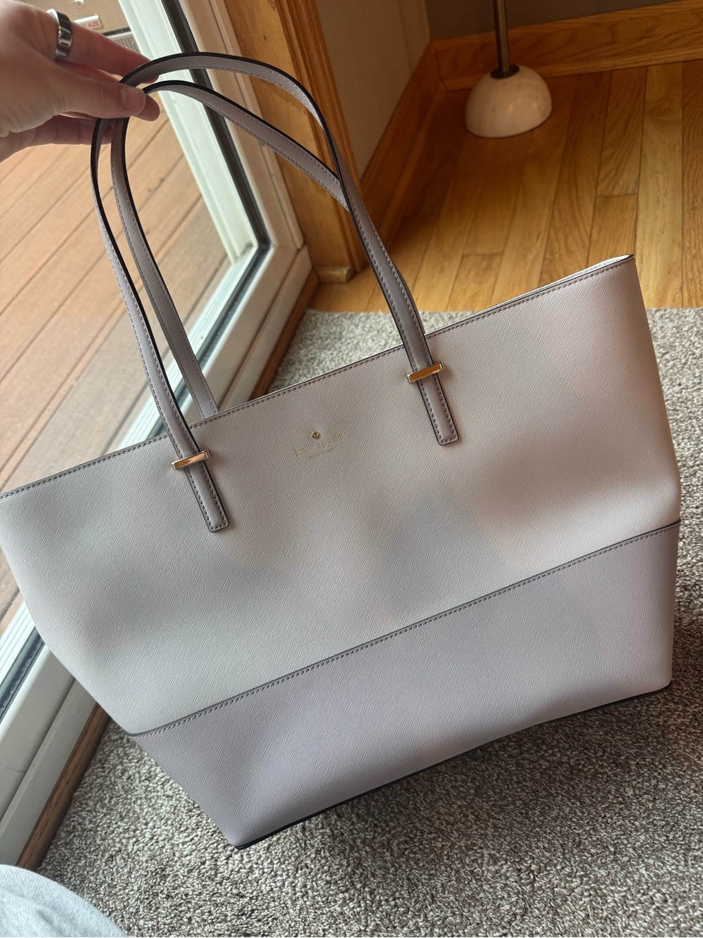 kate spade Pale Gray Leather Tote with Gold Accents